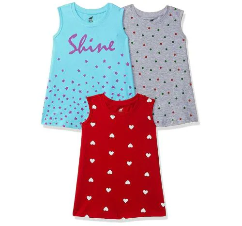 ONCH Girls Casual Knee Length Frock Dress - Pack of 3