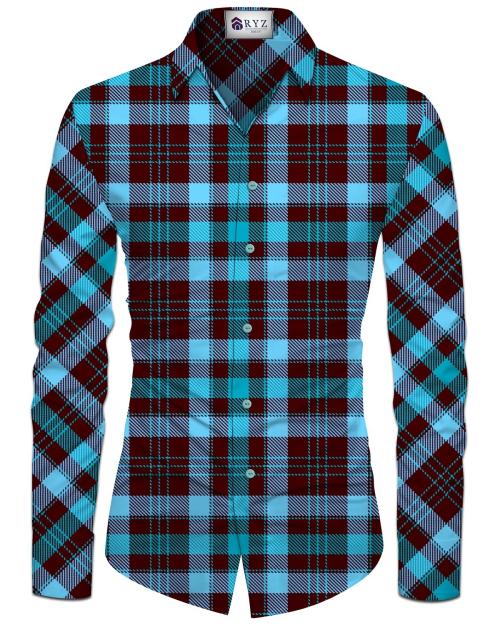 RYZ Men Blue Checkered Polyester Single Shirt Fabric