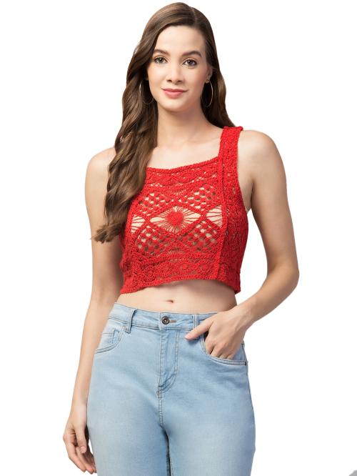 StylzIndia - Women Girls Solid Crochet Top - Red - S