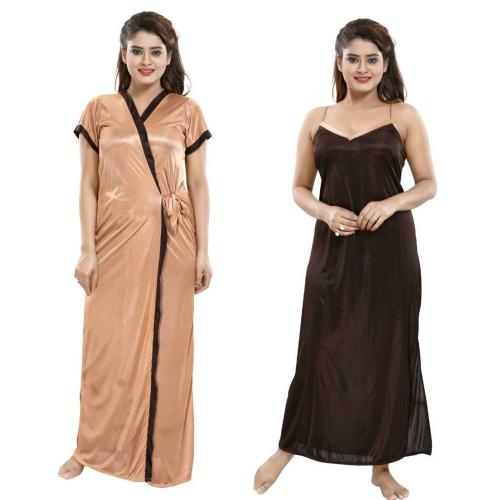Zairra Women Brown and Black Satin Nighty and Wrap Gown