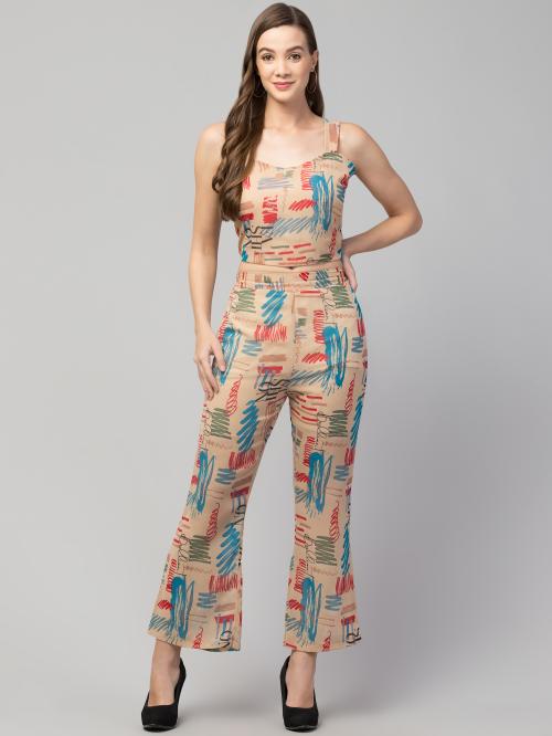 STYLZINDIA Women's Cream Printed Crop Top With Straight Pant Style Jumpsuit-L