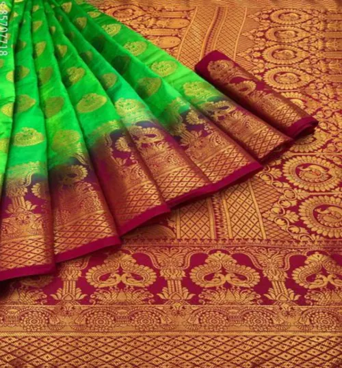 BANARASI PEACOCK DESIGN SILK SAREE-GREEN RED