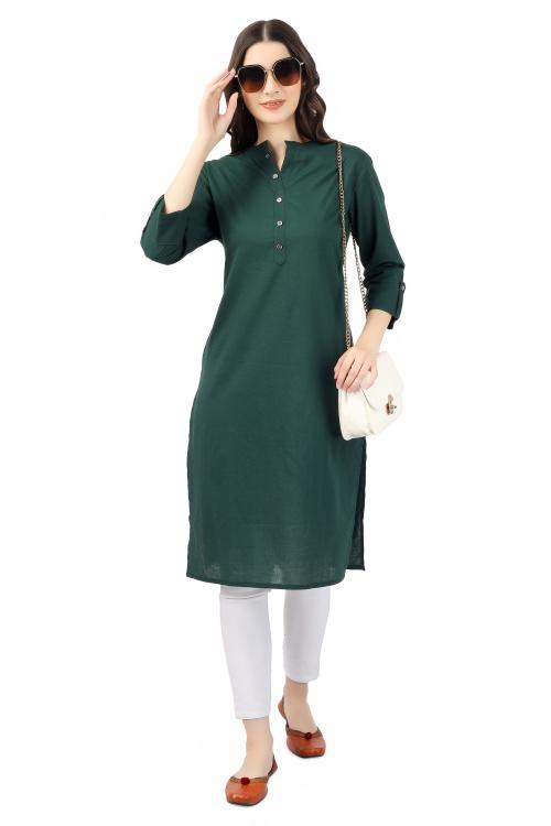 EMEE Y Women's Kurta Solid Plain Straight Kurti Cotton Knee Long Kurt for Daily Wear - Green - L