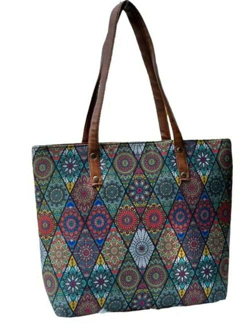 Feelorna Women Navy Blue Cotton 3D Handmade Printed Ikat Traditional Tote Shoulder Hand Bags