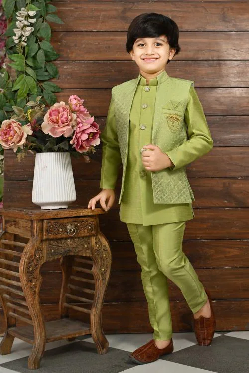 Ahhaaaa Kids Ethnic Silk Blend Zari Work Indo-Western Sherwani Set for Boys