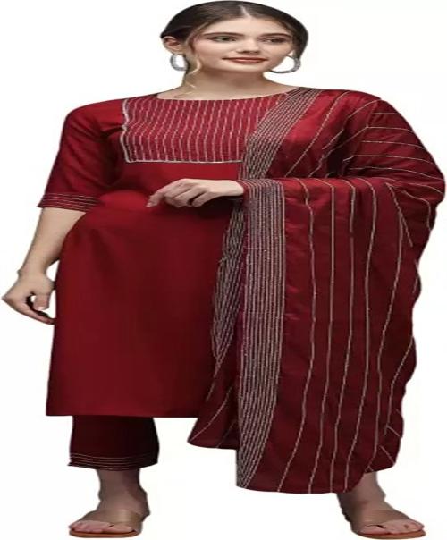 DWISHA DESIGNER Women's Cotton Blend Solid Straight Kurta with Trouser & Dupatta-XXL