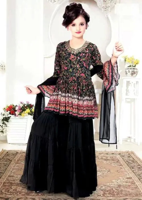 Wommaniya Impex Black Georgette Wedding Kids Sharara For Girl| Dresses | Kids Wear | Girls Dress | Kids Dress | Dress | Dresses For Girls | Maxi Dress | Kids Girls Dress