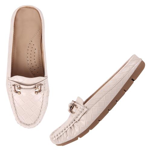 Calzado Comfortable Flat Back Open Bellies for Women Girls (Cream)