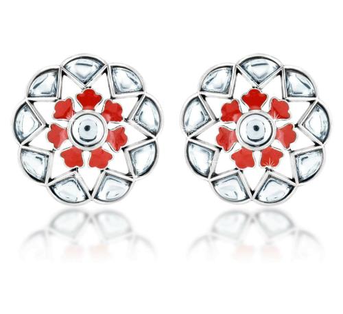 Kairangi by Yellow Chimes Silver Brass Antique Design Floral Theme Meenakari Touch Kundan Studded Stud Earrings for Women and Girls - 3.15 Inches