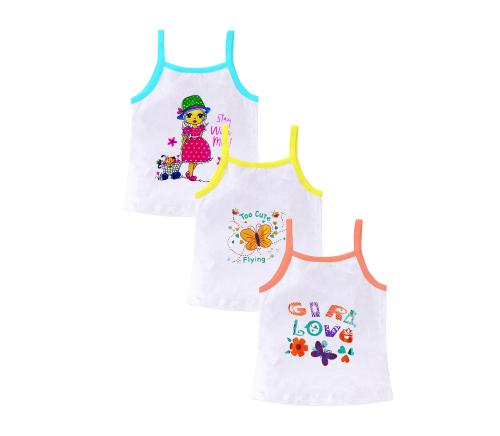 Akido Striped White Junior Regular Fit Cotton Printed Sleevless Slips/Vest/Sando Innerwear/Camisoles for Kids/Girls Pack of 3