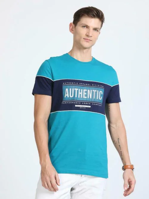 Classic Polo Colorblock, Typography Men Round Neck Blue T-Shirt