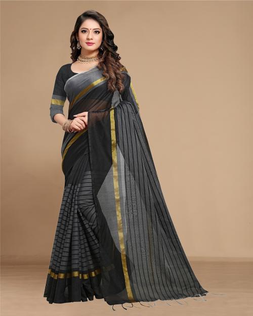 Rekha Maniyar Women's Striped printed Cotton Black Saree With Unstitched Blouse Piece