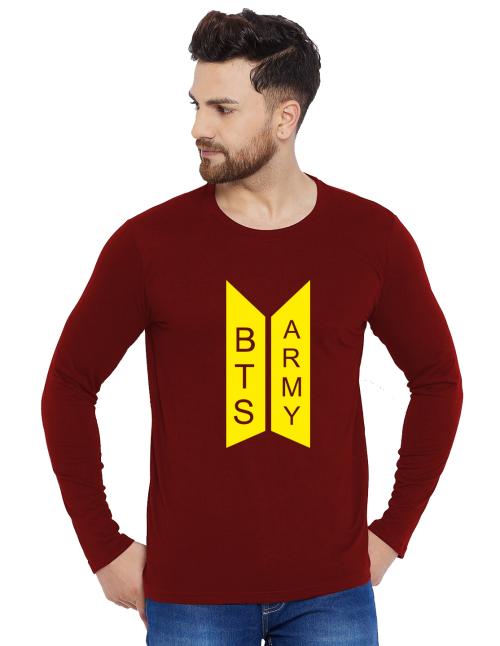 Organic Chics Bts Printed Maroon Round Neck Full Sleeve Cotton Regular Fit Men Tshirt - (XXL)