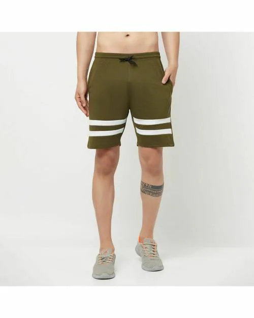 GLITO Olive Color Striped White Elastic With Drawing Shorts For Men's
