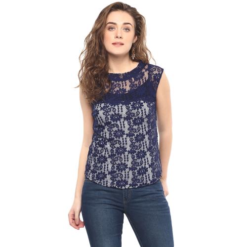 Mayra Women's Blue Color Georgette Chiffon Blend Medium Top