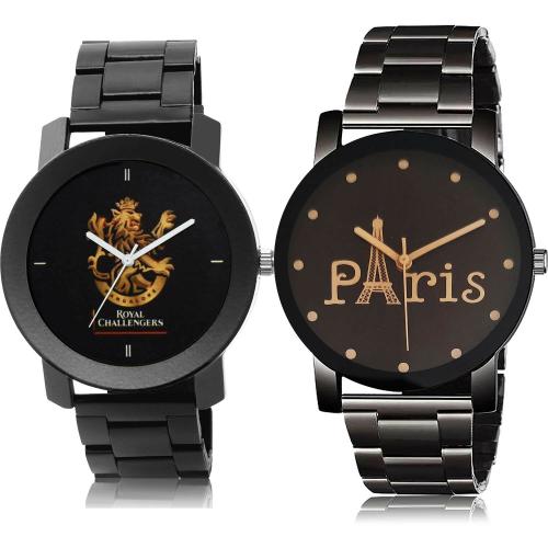 NEUTRON Modern Wrist Royal Challengers Bangalore Squad (Rcb) Ipl Chain And Eiffel Tower Chain Black Colour Analog Metal Belt 2 Watch Combo For Boys And Men - IPL16-BCPL12