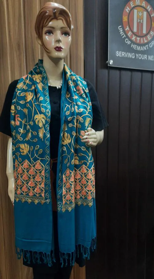 Embroidered kashmiri stole by Allure motifs, unisex stole , ethnic shawl, multicolor stole, teal color stole