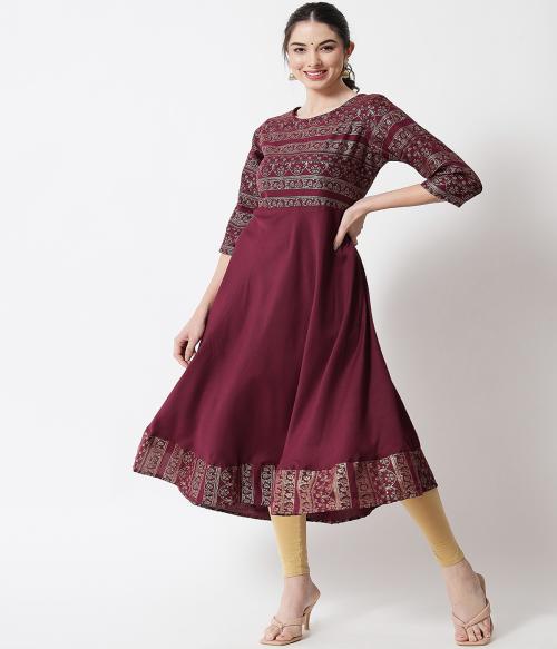 Sitaram Designer Women Rayon Anarkali Style Kurti Wine