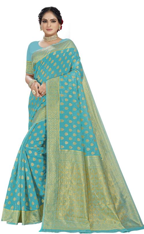 Ashika Women Light Blue Printed Pure Cotton Saree with Unstitched Blouse Piece (pack of 4)
