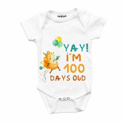 Arvesa 100 Days Old Yay Unisex Baby 3-6 Month White Onesie Romper Half Sleeve Envelope Neck R-290-M-WHITE