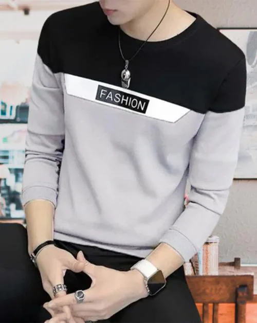 Hikaru gives you a round neck full sleeves color block pattern regular fit trendy look t-shirt for men