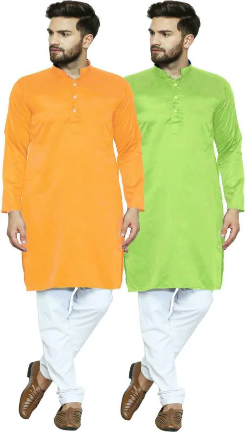 AD & AV Men Yellow Solid Cotton Blend Pack of 2 Kurta Pyjama Set