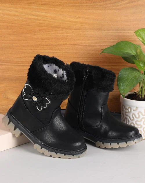 Passion Petals PU Winter Boots With Side Butterfly For Girls - Black