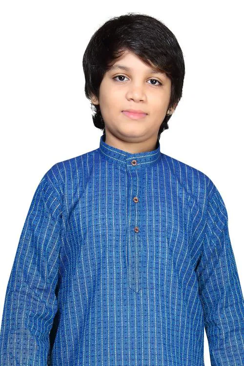Baba & Baby Boys Traditional Ethnic Wear Handloom Cotton Self Design Blue Kurta with White Pyjama Set (Dot Blue, 15-16 Years)