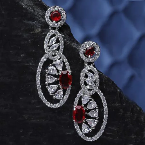 ZENEME Rhodium-Plated Red American Diamond studded Oval & Quirky Shaped Drop Earrings