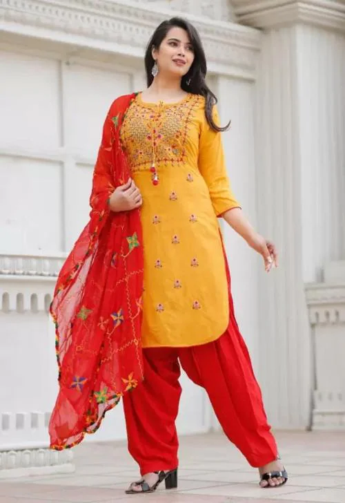 MANVIKA Rayon Embroidered Patiala Suit Set with Phulkari Dupatta for Women