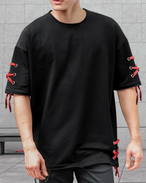 EyeBogler Solid Men Round Neck Loose Fit Elbow Sleeves Black T-Shirt