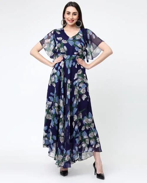 MISS AYSE Latest Navy Blue Georgette V Neck Flared Sleeve Fit And Flare Dress