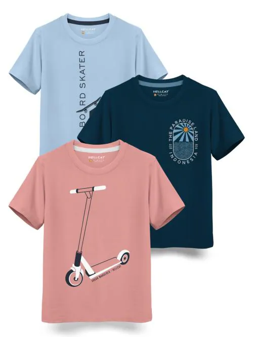 HELLCAT Pink , Petrol blue , Sky Blue Trendy Graphic Printed Typographic Cotton Blend Crew Neck / Round Neck Half Sleeve T-shirt for Boys