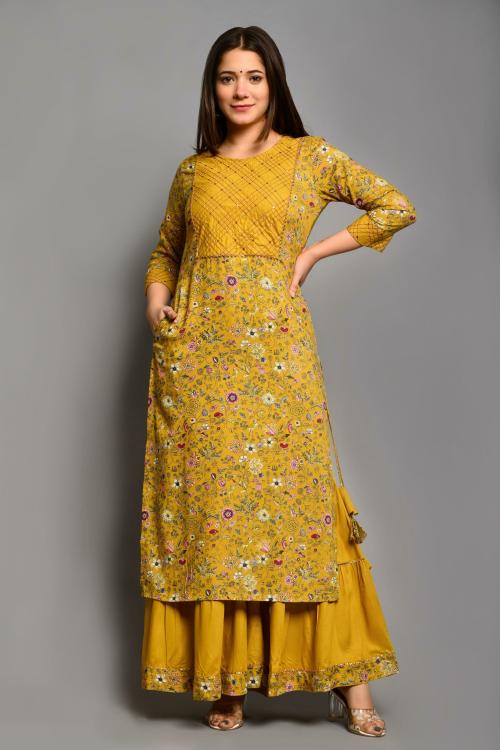 SSoShHub Women Yellow Floral Cotton Blend Kurta & Sharara (XXL)