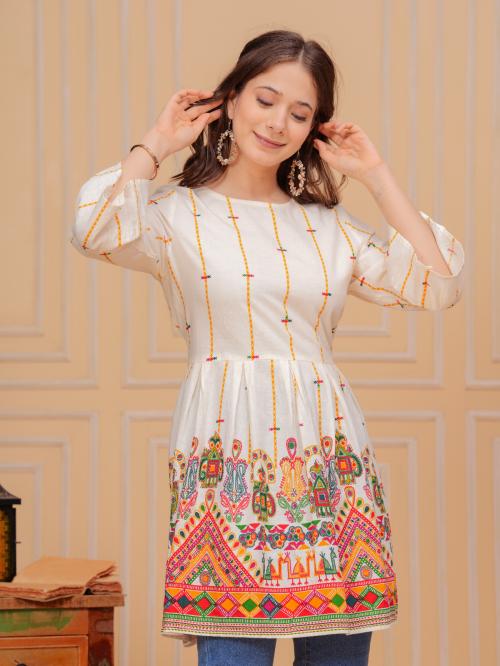 SAICHA Women's jaipuri print cream short kurti & tunic