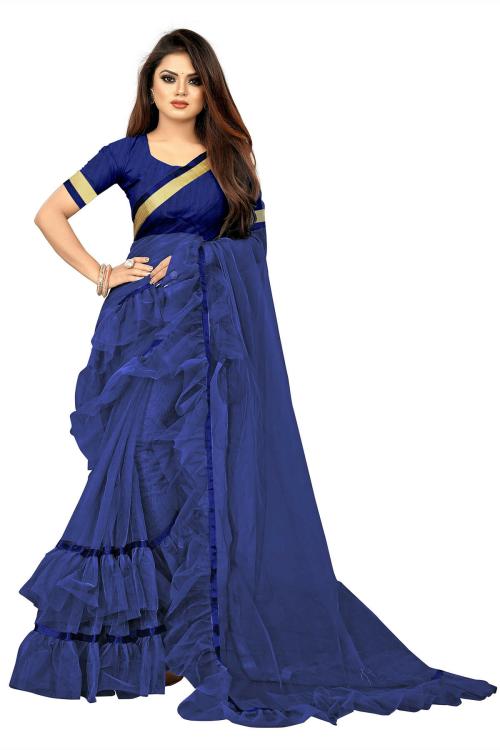 Aldwych Navy Blue Designer Net Ruffle Saree