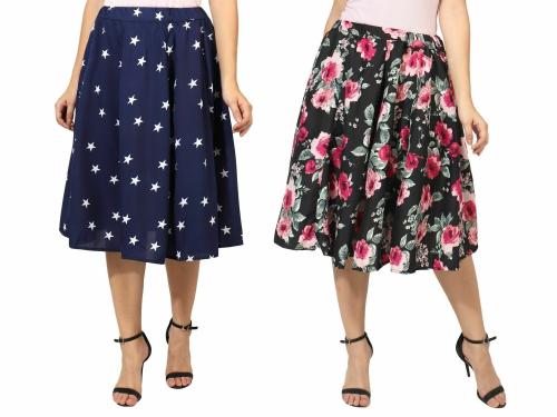 Grace Diva Multicolored Printed Polyester Flared women skirt 26 inches Long skirt: Combo of 2 set