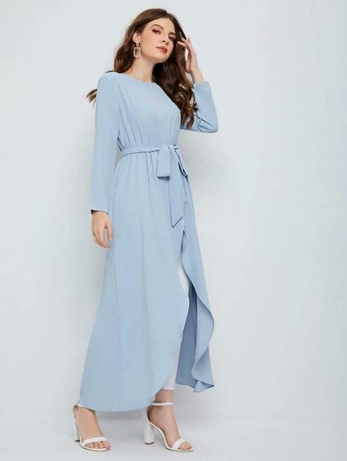 STYLE LOFT Women Blue Self Design Crepe Layered Dress (Medium)