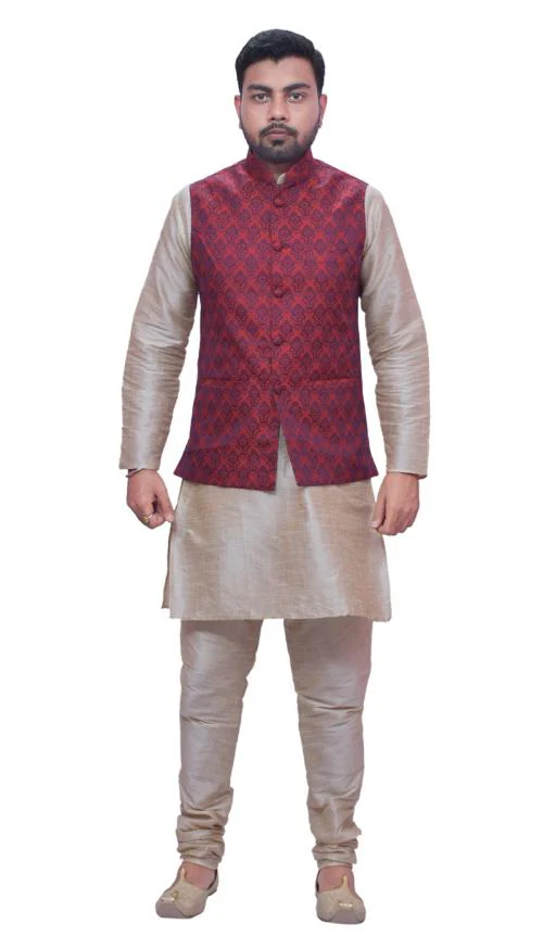 MAG Men's Double Tone Matching Kurta Churidhar with Maroon 1st Waistcoat