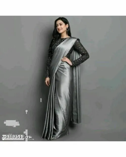 SAADHVI Women's Black Japan Satin Plain saree / saree for women / sarees / sarees latest / sari With Blouse