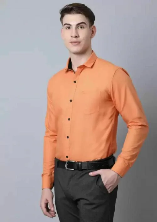 Walaii Mens Slim Fit Regular Cotton Blend Party Wear Orange Color Formal Shirt
