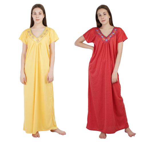 NACNO Women's Hosiery Cotton Sleepwear Nighty/Nightdress (Pack of 2 , Yellow & Maroon)