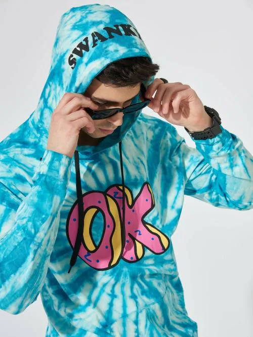 Maniac Tshirt/Mens Tshirt/tshirt for mens/tshirt/Mens Tie & Dye Full Sleeve Hooded Neck Blue & White Cotton Oversized Fit T-Shirt