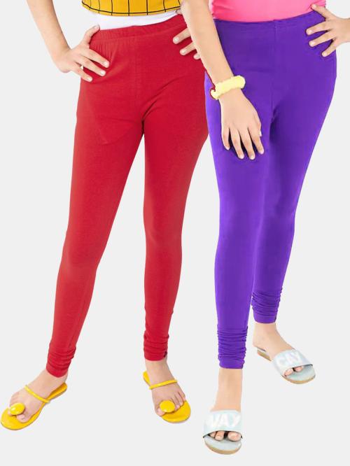 Tik Tok Wears Girls Multicolor Solid Cotton Lycra Blend Pack of 2 Leggings