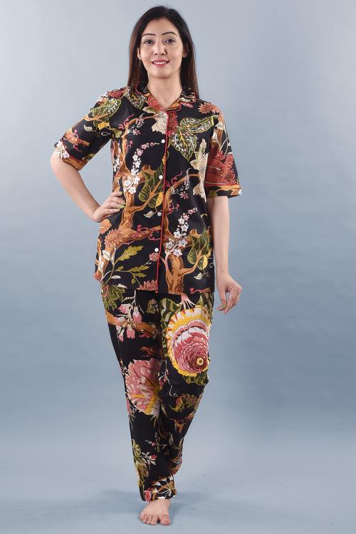 Indiwest Black Multicoloured Printed Cotton Night Suit