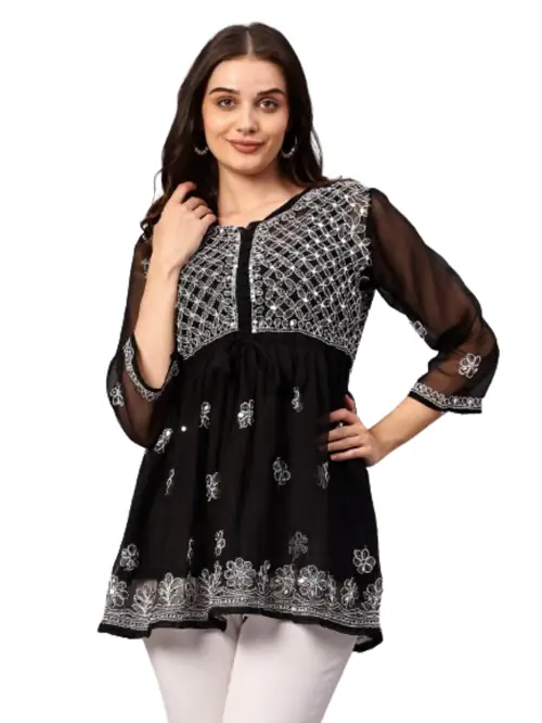 MRS RIGHT CHIKANKARI GEORGETTE BLACK SHORT TOP FROCK KURTI MIRROR WORK