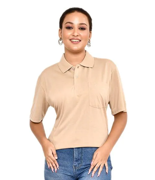 Roy's Women's Casual Regular Fit Solid Polo Neck Cotton Blend T - Shirt I Comfortable And Breathable Western Outfit | Summer Friendly Everyday Wear | Color - Khaki, Size - XXL