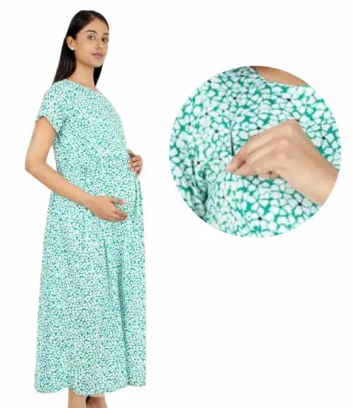 Morph Maternity | Dresses For Pregnant Women | With Hidden Double Side Zip For Easy Breastfeeding | Fits During Pregnancy & Post Pregnancy | Soft Cotton | One Side Pocket | Green | XXL