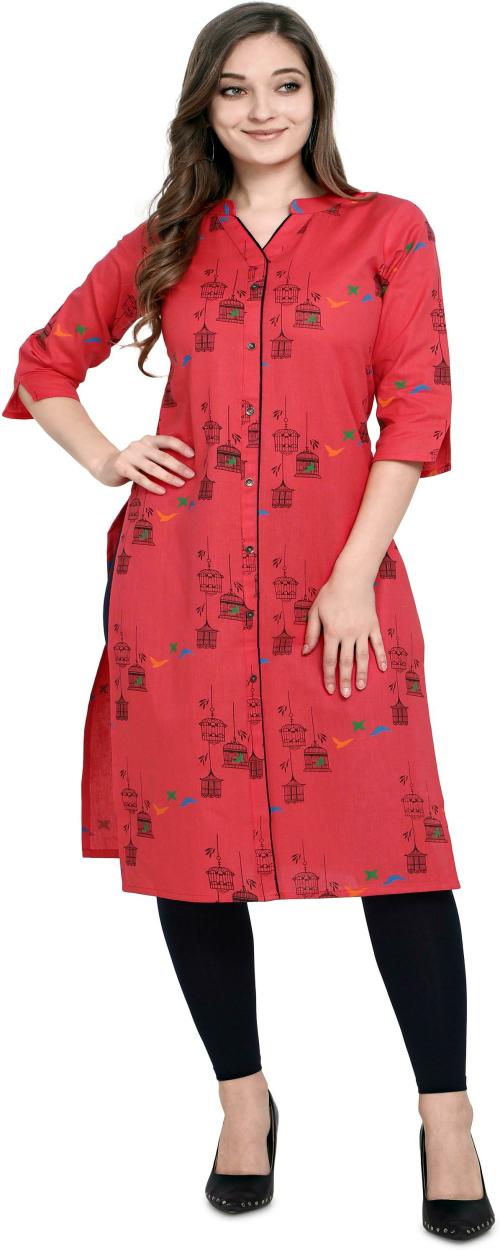 SHOPPING QUEEN Women Red Printed Pure Cotton Kurta (L)