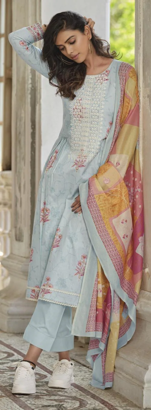 THE JAZZBAAT Unstitched Embroidered Digital printed Pure Jaam Cotton Women Salwar Suit Set Fabric with Mal Mal Cotton Dupatta Unstitched Dress Material For Women (Blue)